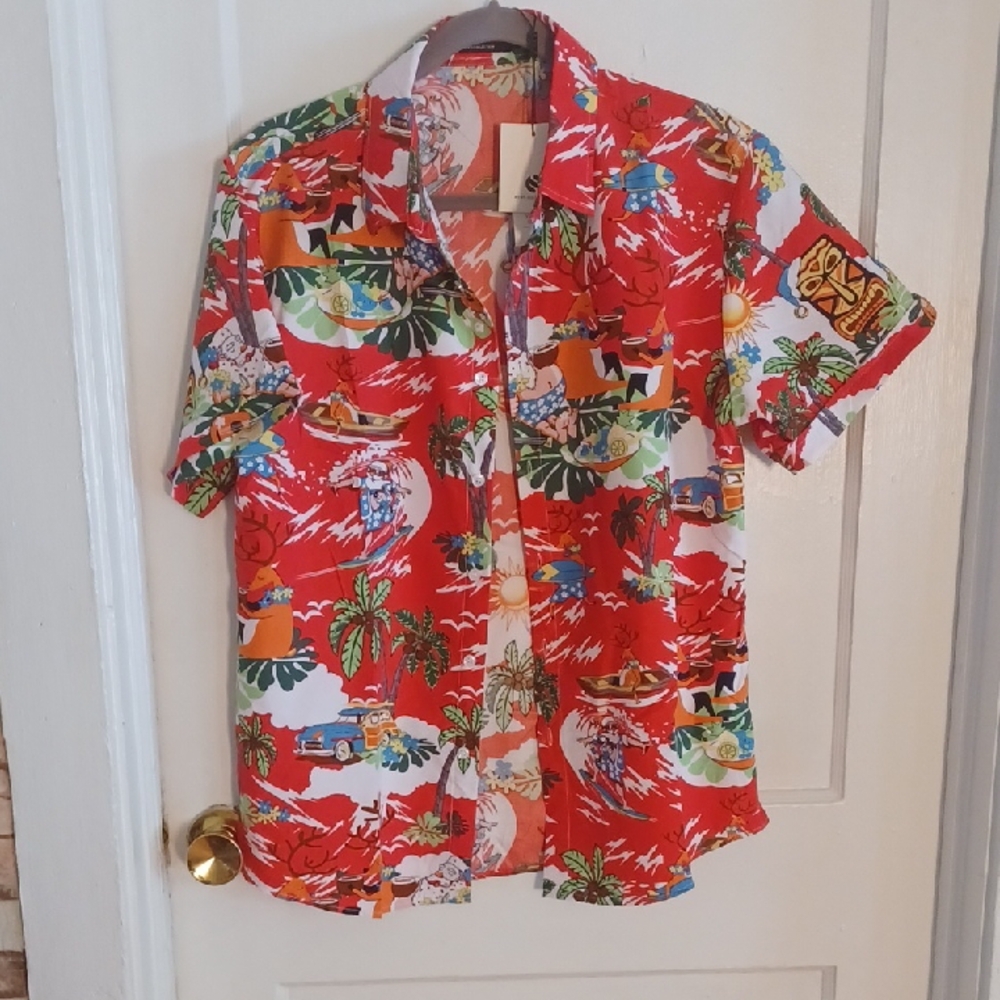 Tropical Surfing Santa Christmas Print Men's Shirt Men's Small Women's Medium